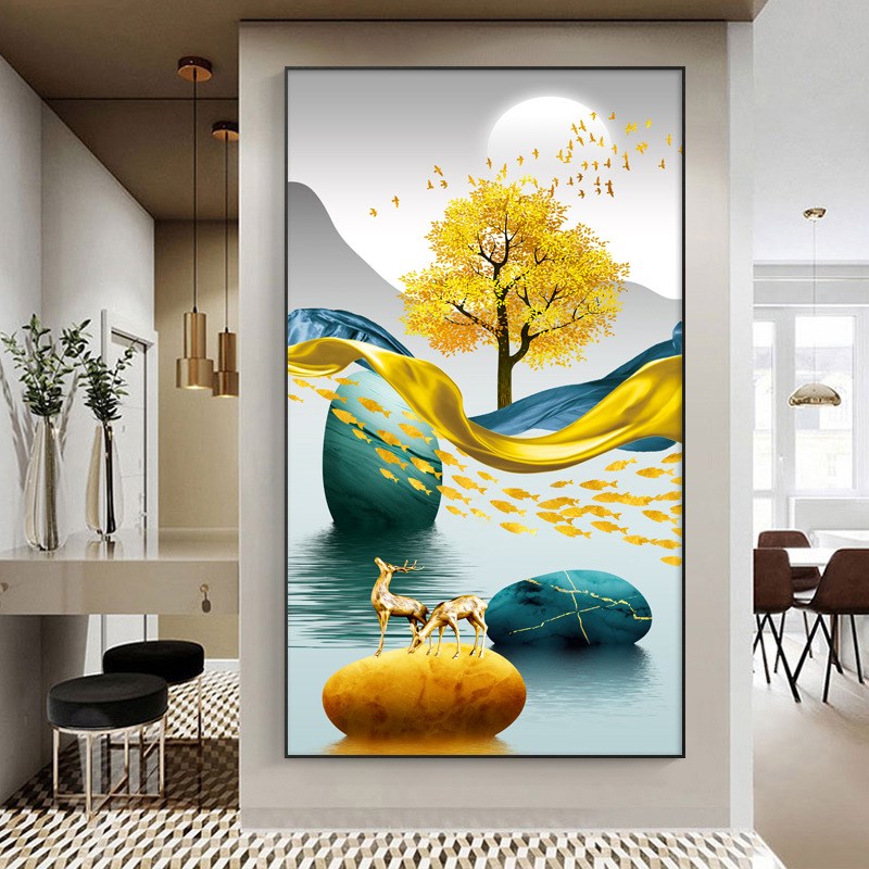入户玄关装饰画竖款轻奢大气走廊尽头挂画客厅山水画过道玄幻壁画
