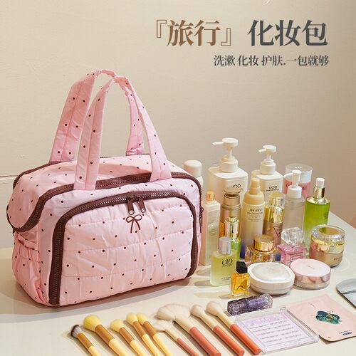 新款波点麂皮手提化妆包女大容量便携高级感简约外出旅行出差收纳