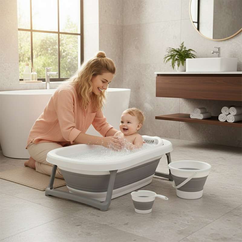 彩盒跨境感温婴儿折叠浴盆套装宝宝洗澡盆浴盆Baby bathtub 7set