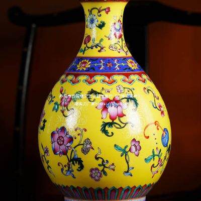 小花瓶摆件粉彩装饰品宁封窑博古架家居瓷器客厅陶瓷景德镇黄釉