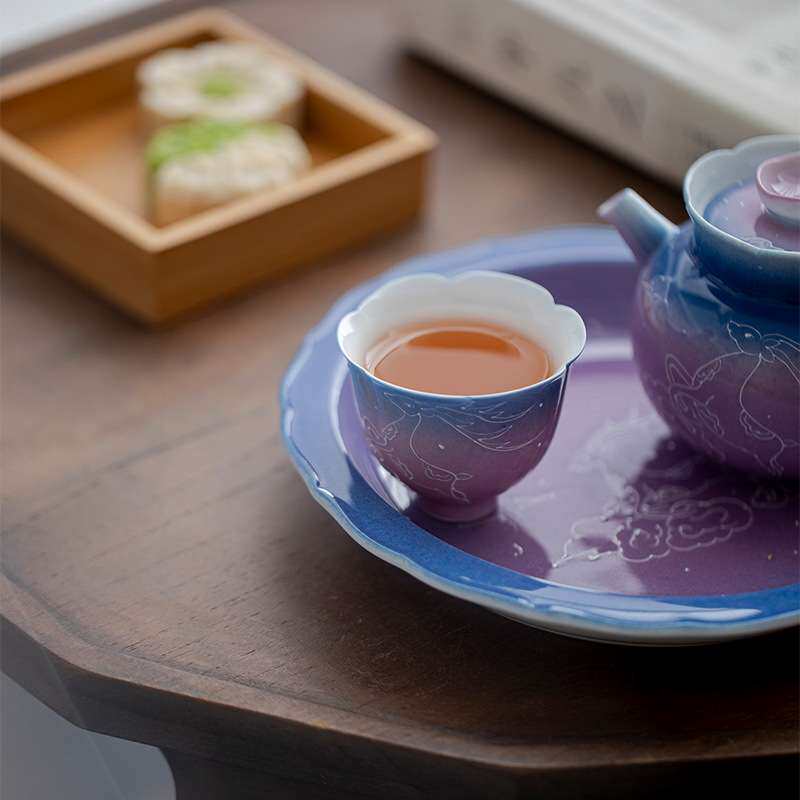 墨己梦幻紫渐变花口茶杯手绘鹿踏祥云喝茶单杯陶瓷品茗杯小号家用