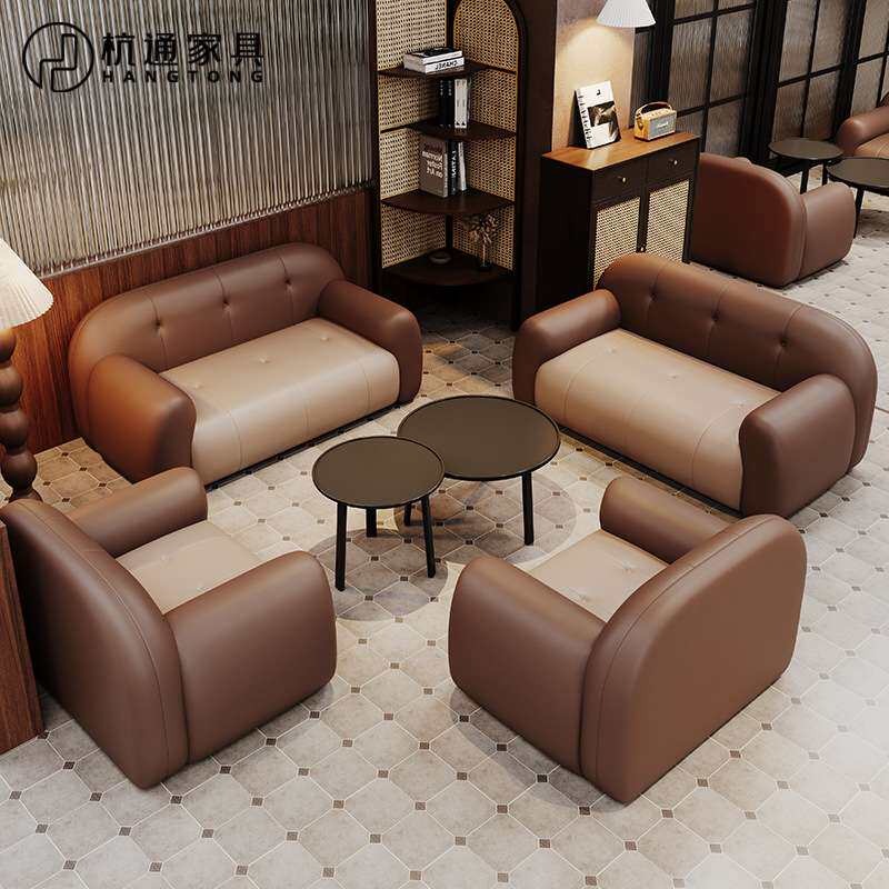 中古风小酒馆沙发组合复古咖啡厅奶茶店卡座沙发休闲接待桌椅组合
