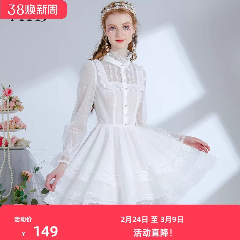 艾丽丝2026秋季新款蕾丝波点甜美白色连衣裙女半高领短款黑色裙子