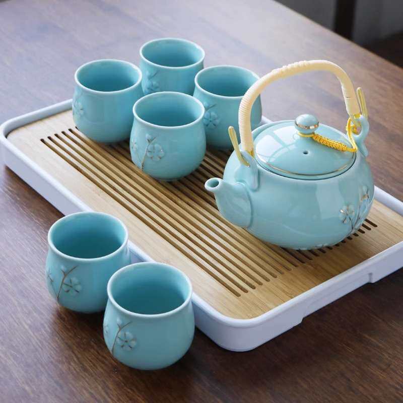 景德镇提梁陶瓷茶具套装家用现代简约手工描金客厅茶壶茶杯送托盘