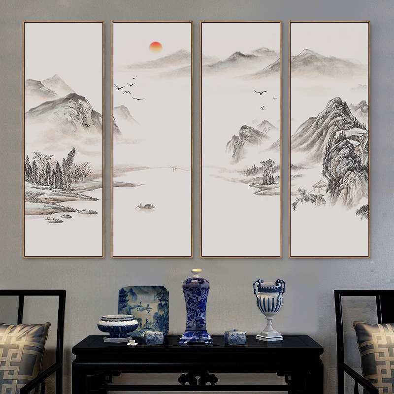 新中式山水画客厅装饰画四联壁画大气风景挂画书房大厅靠山墙画