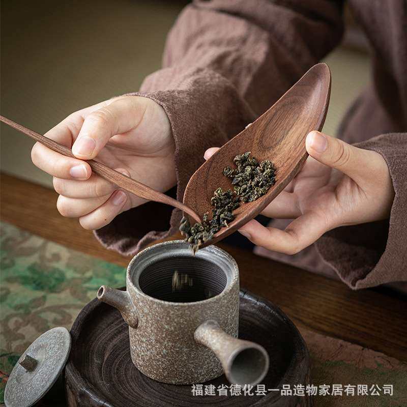中式胡桃木茶则禅意实木茶荷三件套组茶夹茶拨针胡桃茶荷茶道配件