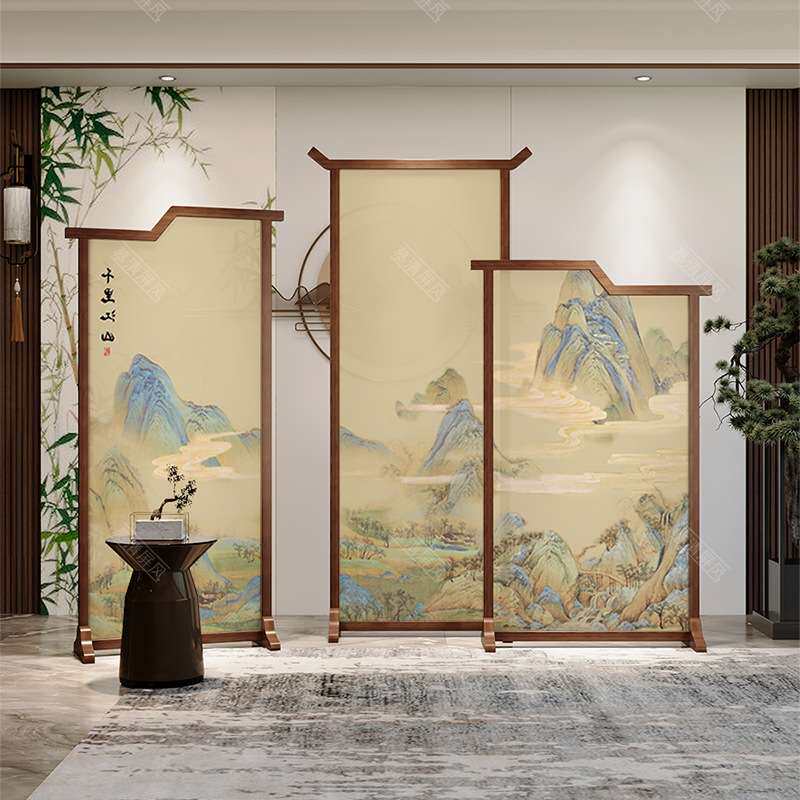 新中式万里江山图实木屏风家用可移动座屏公司大堂装饰办公室遮挡
