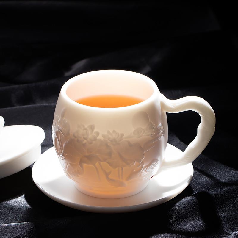 张国进手造脂素烧玉瓷羊玉陶瓷杯功夫泡茶公室茶水分办离杯会议带