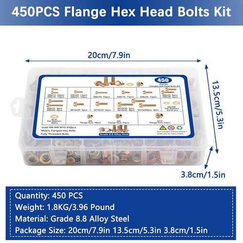 跨境热销450pcs彩锌高强度8.8级六角法兰面螺栓配平垫圈螺母套装