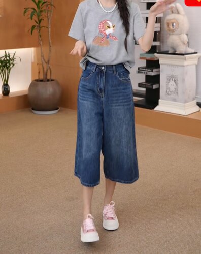 MKMANI 阔腿七分牛仔裤女夏季个性百搭宽松中裤子