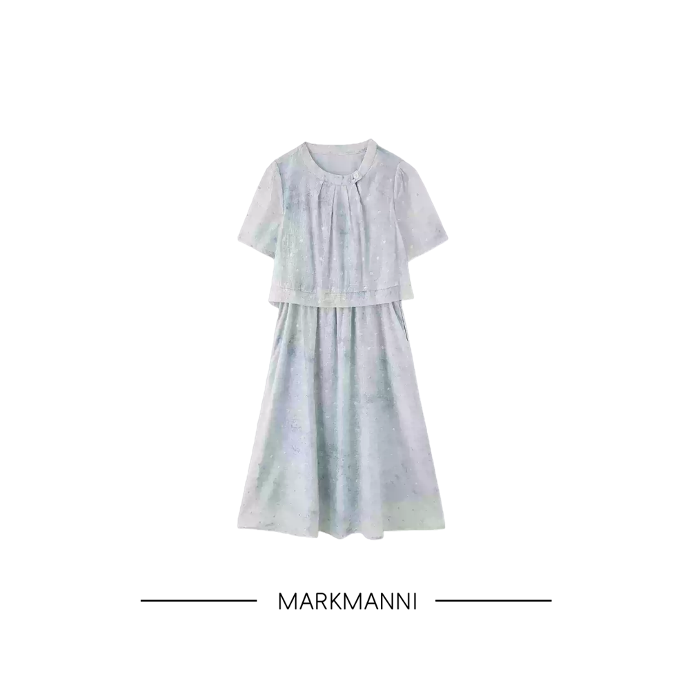 MKMANI 夏装新款修身收腰显瘦印花减龄休闲假两件连衣裙女