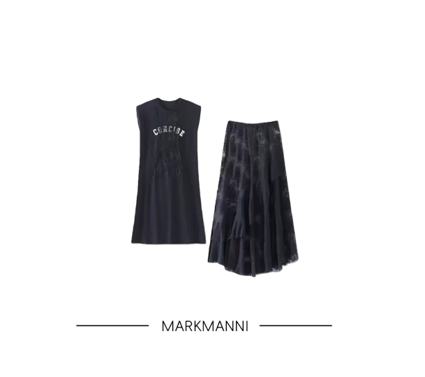 MKMANI 2026夏季新款圆领字母无袖T恤松紧蕾丝半身裙时尚套装女