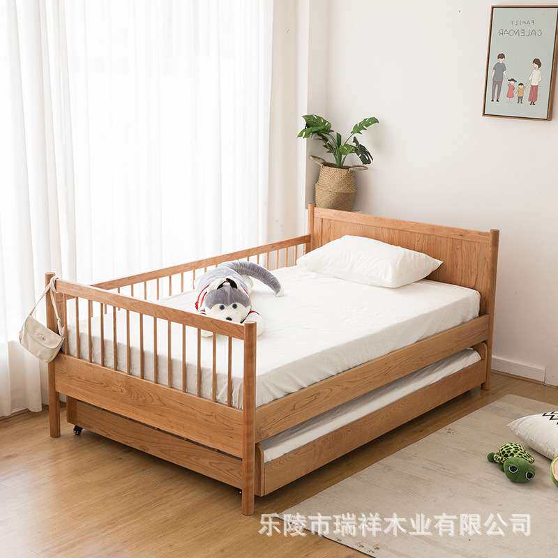 全实木高低床伸缩抽拉樱桃木儿童床带拖床双层子母床带护栏上下铺