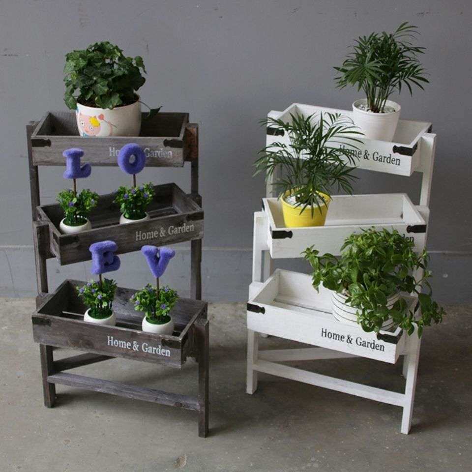 伸缩花架创意折叠三层小花架拐角花架多肉花盆架子复古实木多层架