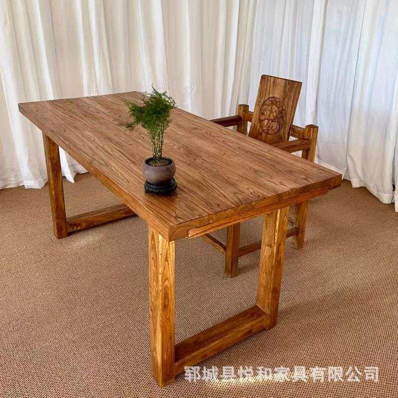 中式老榆木茶桌实木复古书桌家用自然风化长方形大板桌原木餐桌