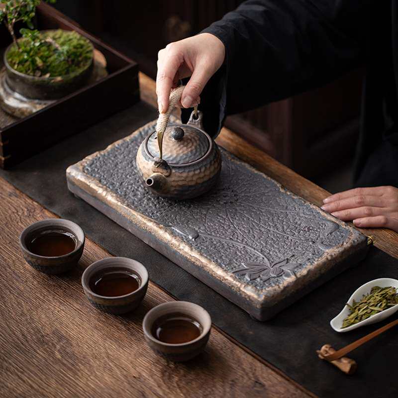日式粗陶鎏金铁釉大号茶盘陶瓷双层蓄水储水排水两用干泡茶托茶台