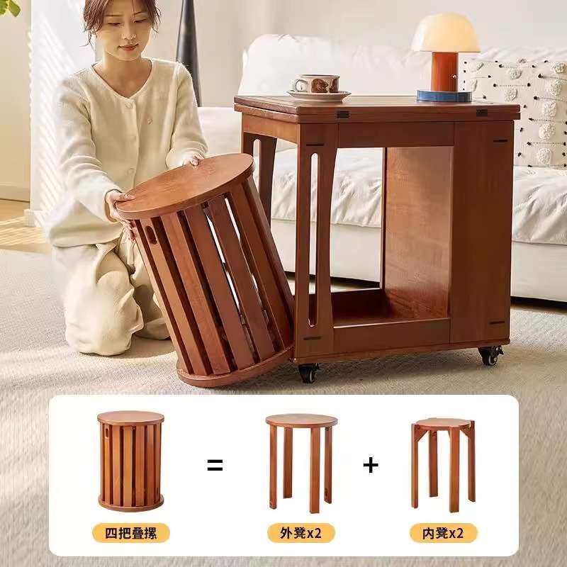 实木圆凳子茶几茶台桌子可叠放组合凳吃饭凳子中式餐桌凳收纳折叠