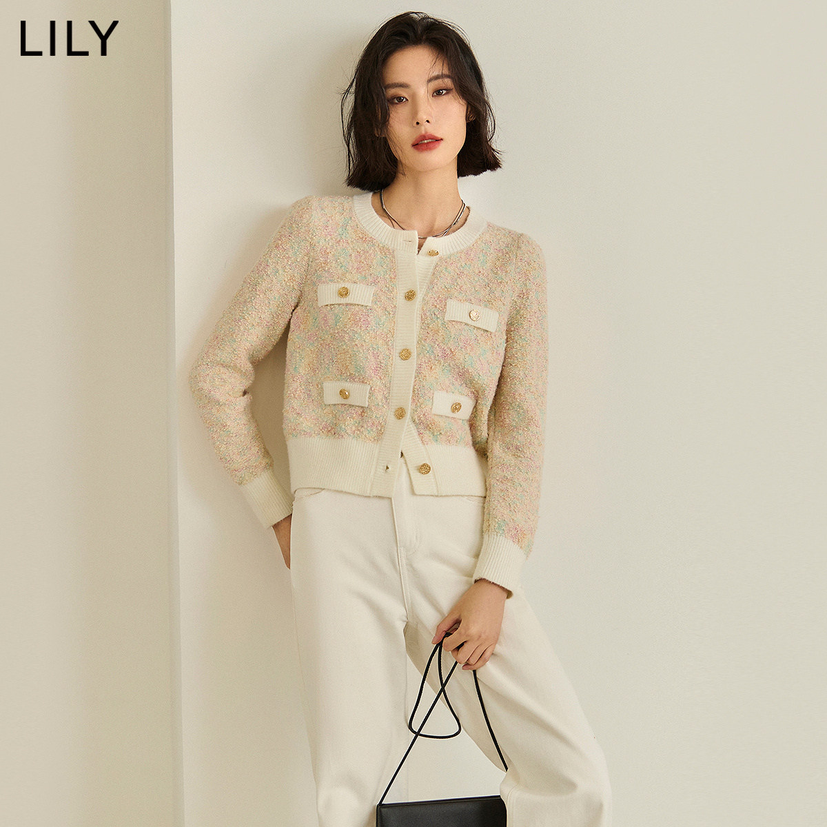 LILY小香风修身针织开衫女短款
