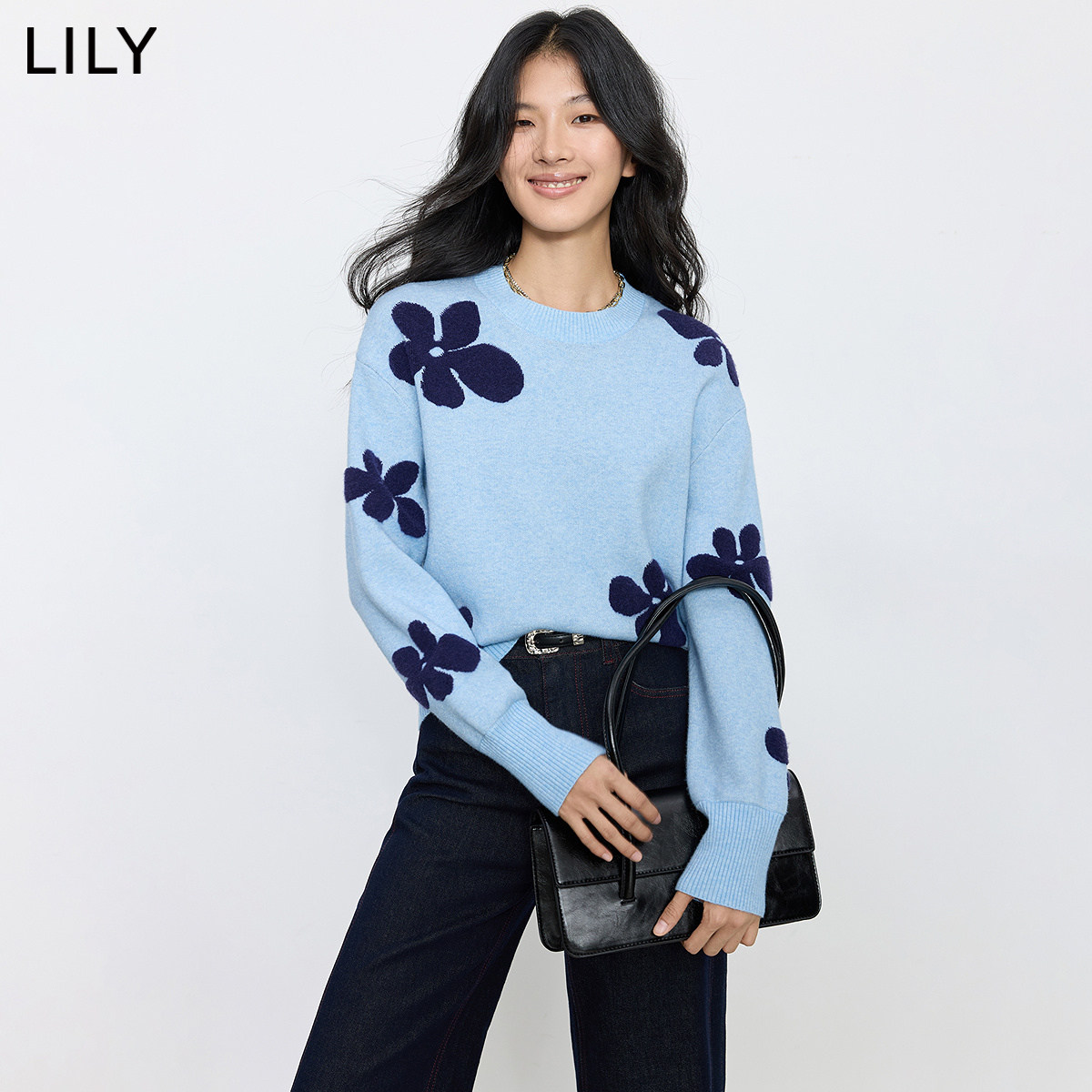LILY秋新通勤浪漫提花女针织衫