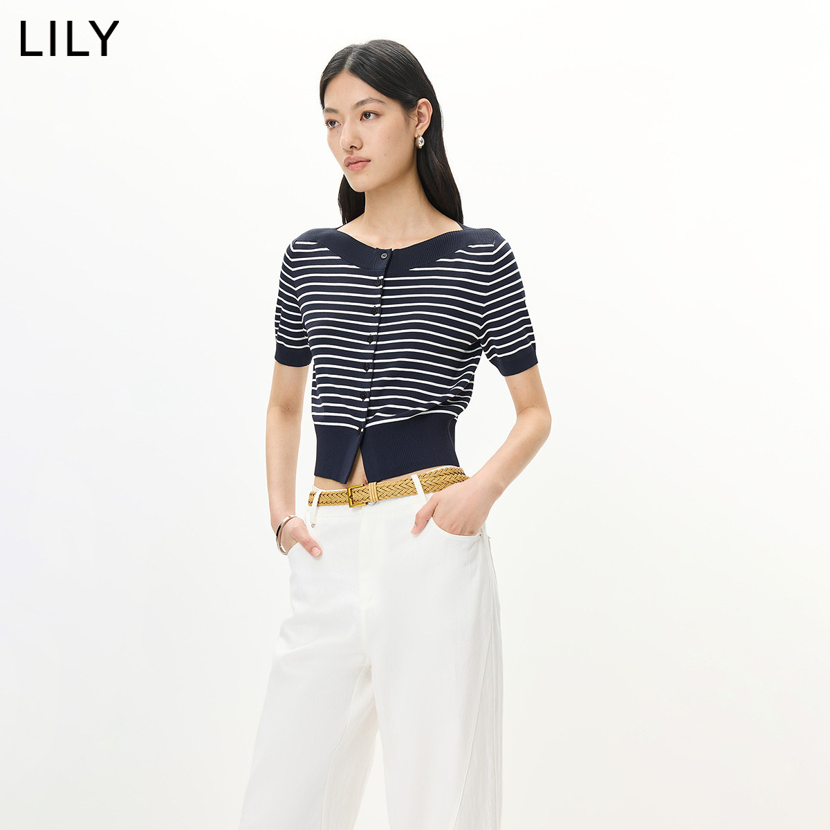 LILY2026夏新款女装复古撞色一字领横条纹藏青色短袖针织开衫短款