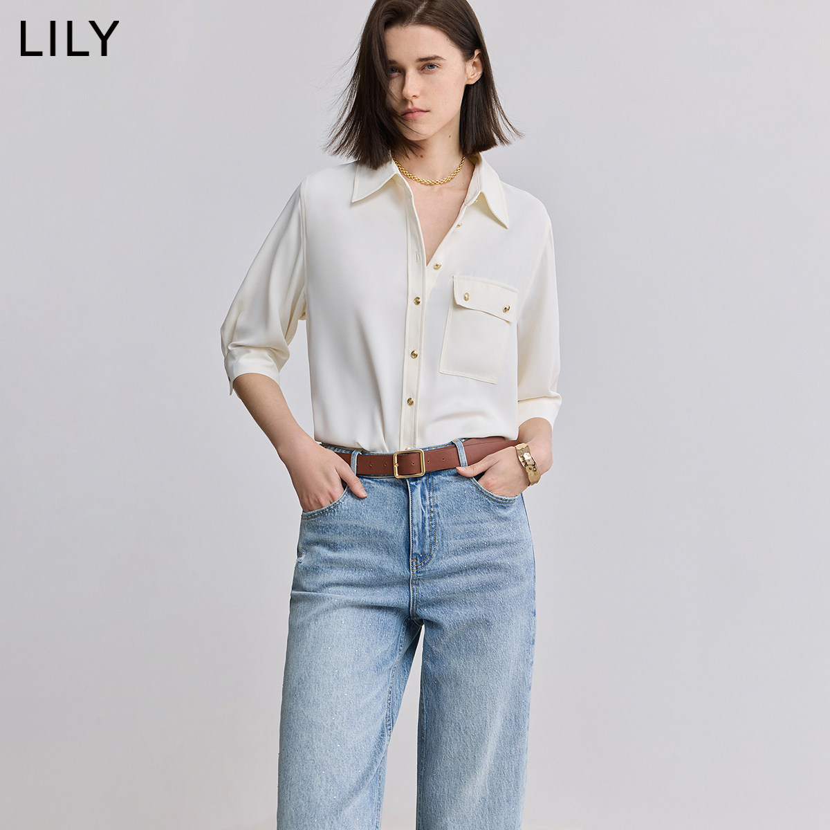 LILY夏季通勤翻领七分袖衬衫百搭
