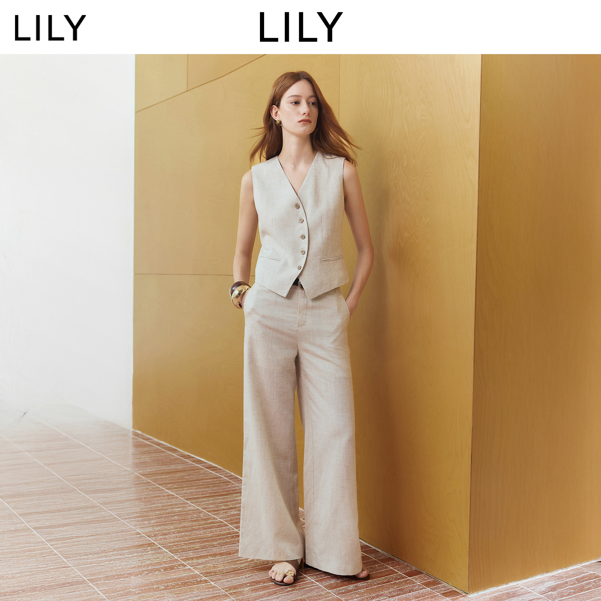 LILY2026夏新款莱赛尔亚麻混纺设计感V领休闲通勤无袖马甲背心女