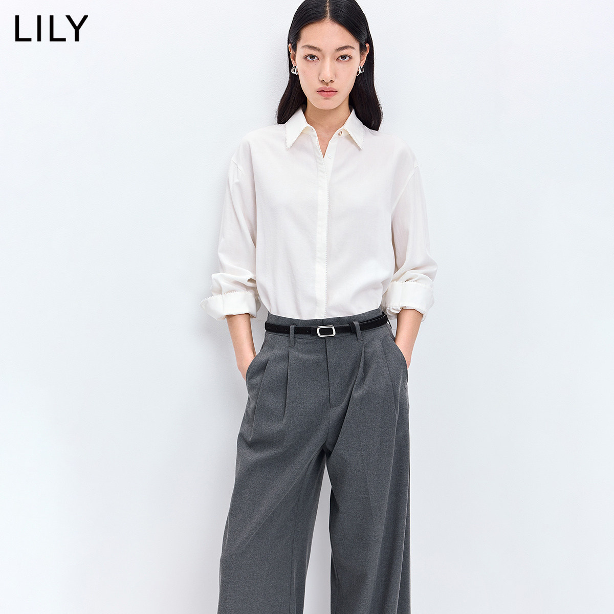 LILY2026春新款女装莱赛尔亚麻简约花边翻领休闲长袖白色衬衫外套