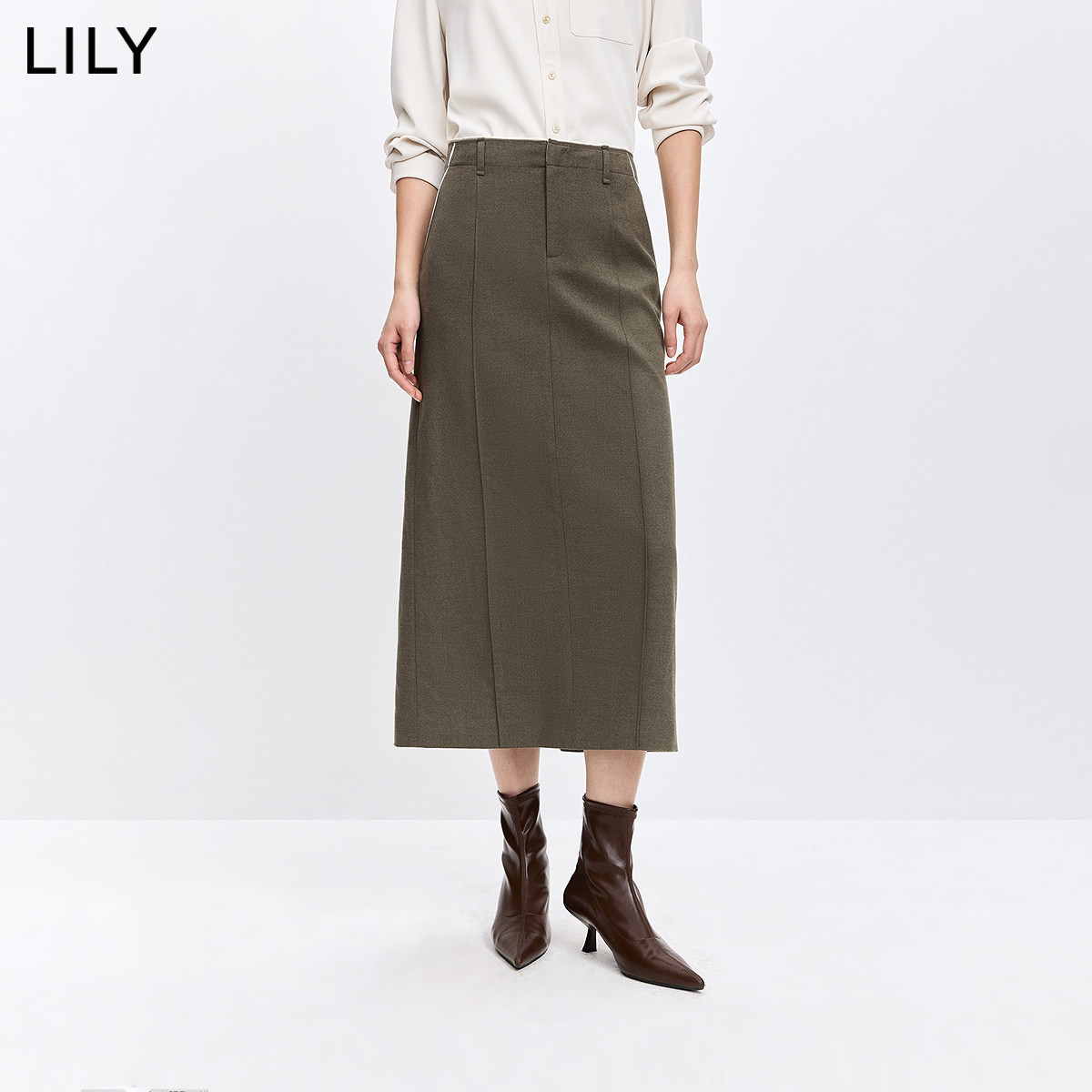 LILY2026春新款复古拼接撞色边磨毛暖感卡其色一步裙直筒铅笔裙女