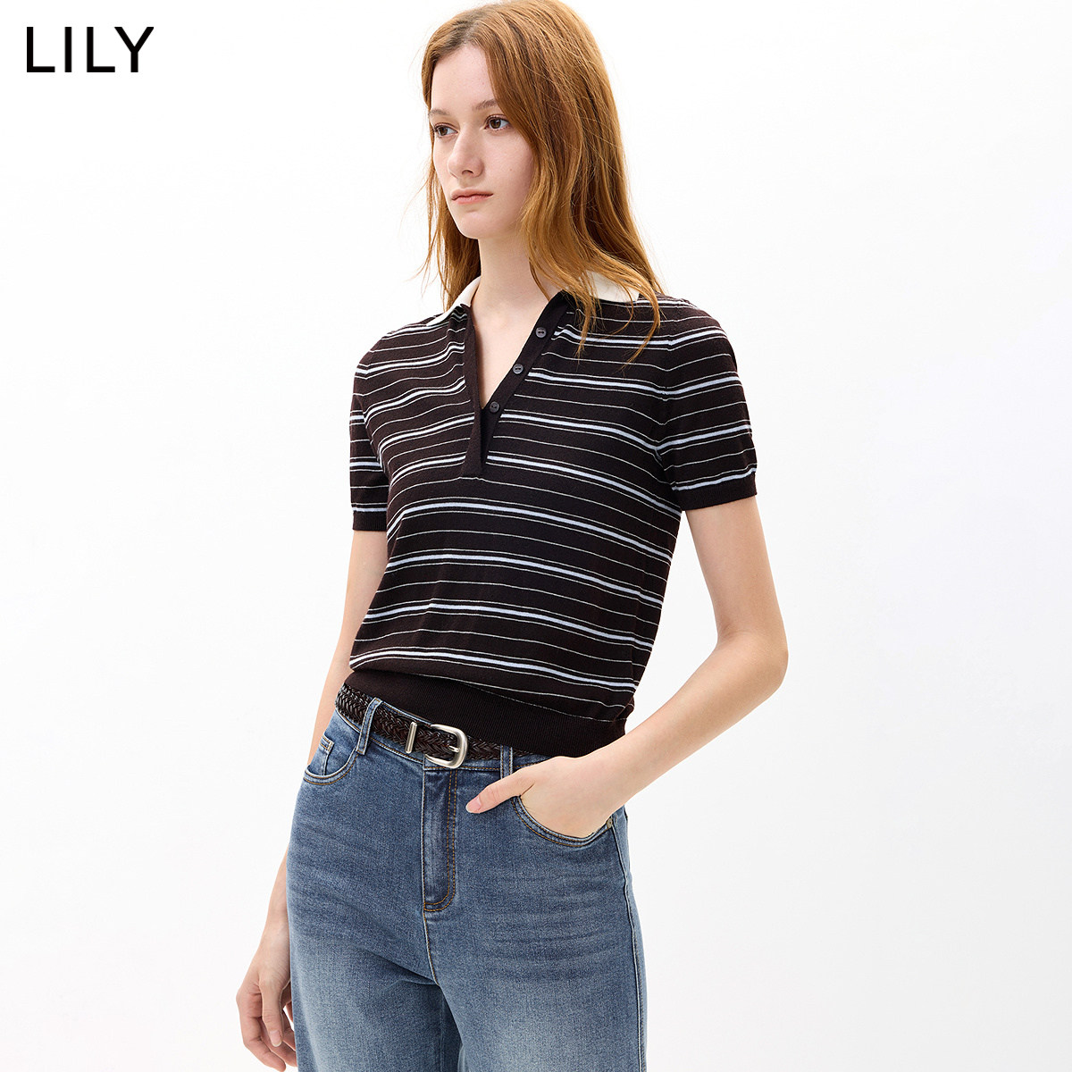LILY2026秋新款女装复古撞色条纹翻领V领休闲通勤深色短袖针织衫