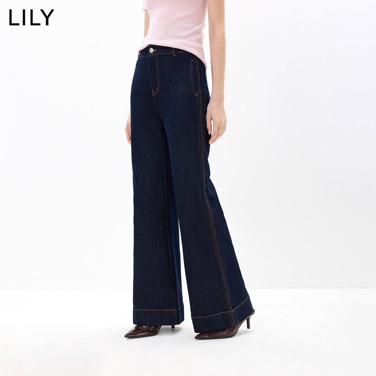 LILY2026秋新款女装复古中高腰休闲窄版百搭通勤深色直筒裤牛仔裤