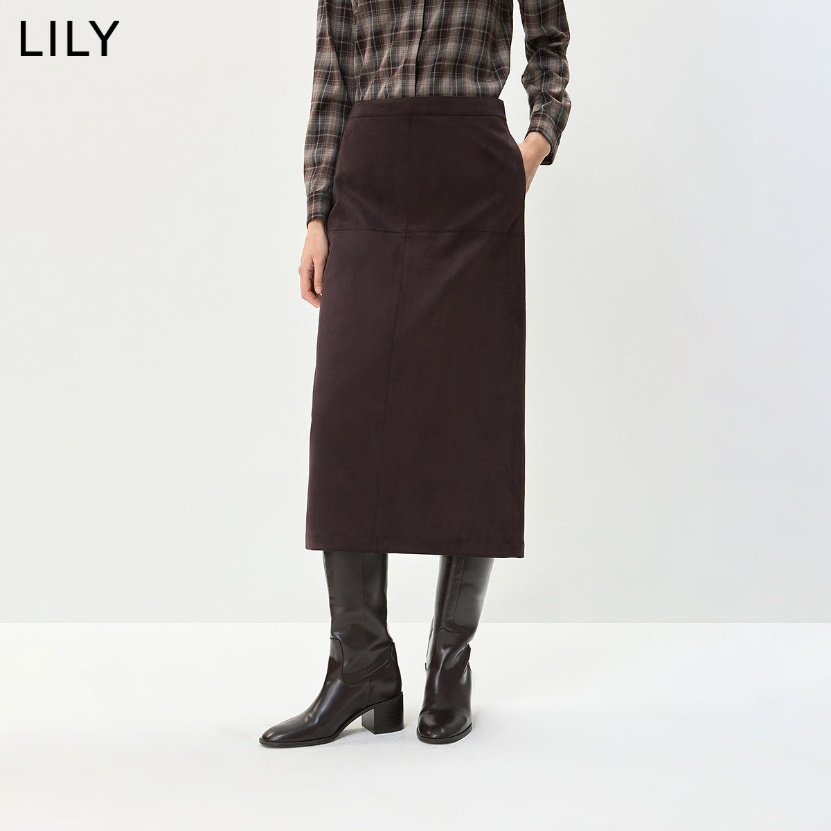 LILY2026秋新款复古开叉休闲气质通勤百搭深色直筒裙半身裙女长款