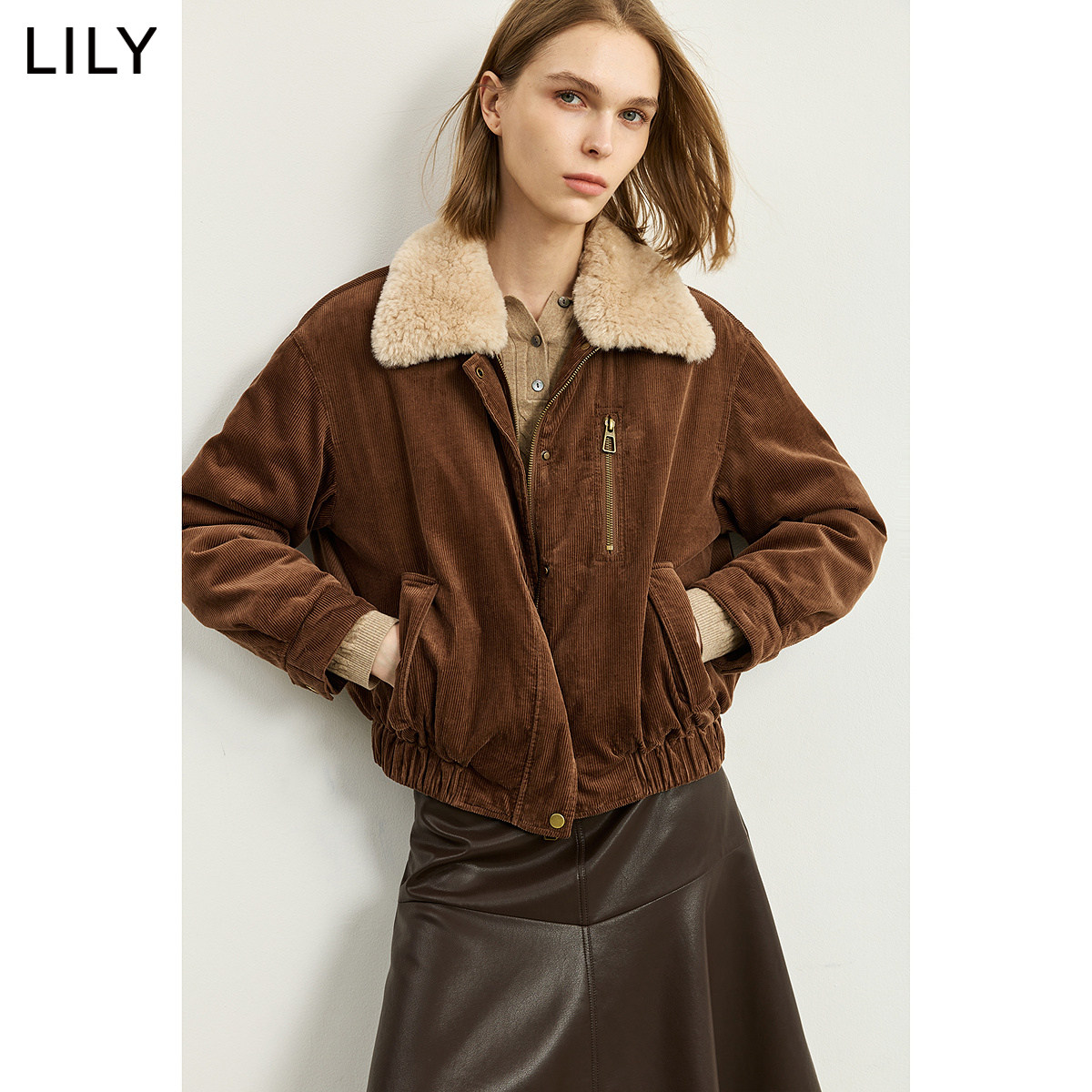 LILY女装灯芯绒90鸭绒羽绒服