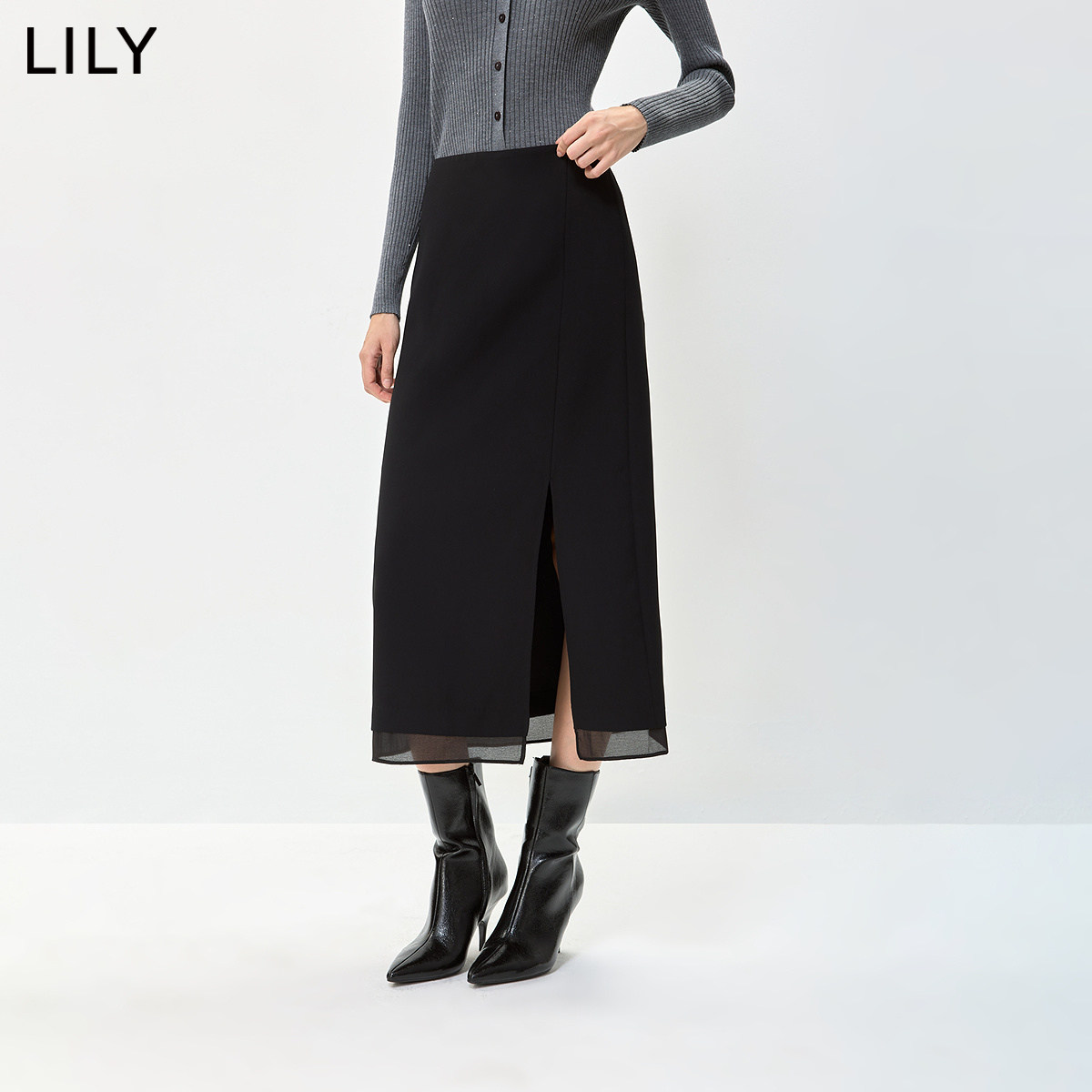 LILY2026秋新款复古经典宽松休闲通勤百搭开叉黑色直筒裙半身裙女