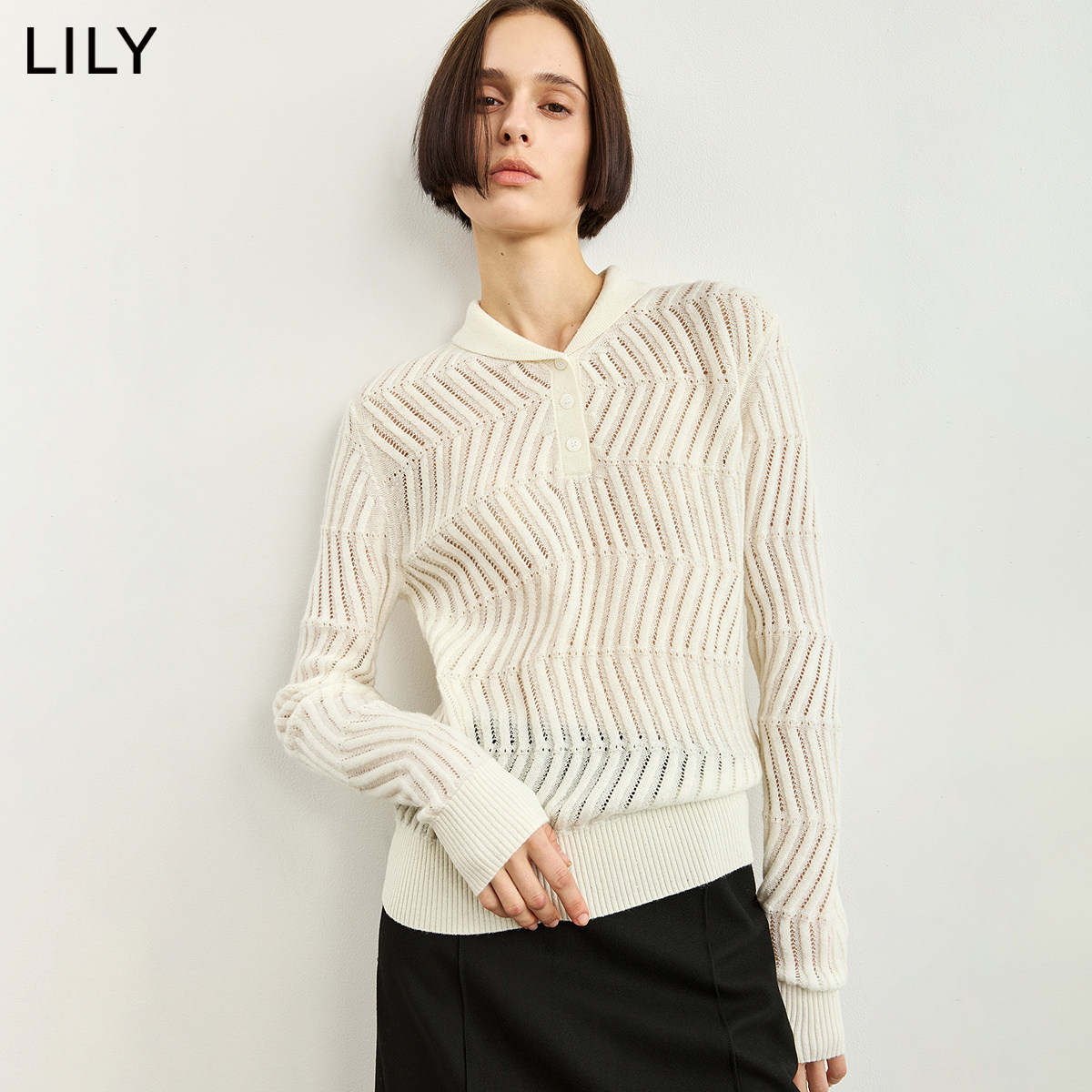 LILY2026冬新款女装羊毛混纺老钱风波浪提花青果领长袖针织衫毛衣