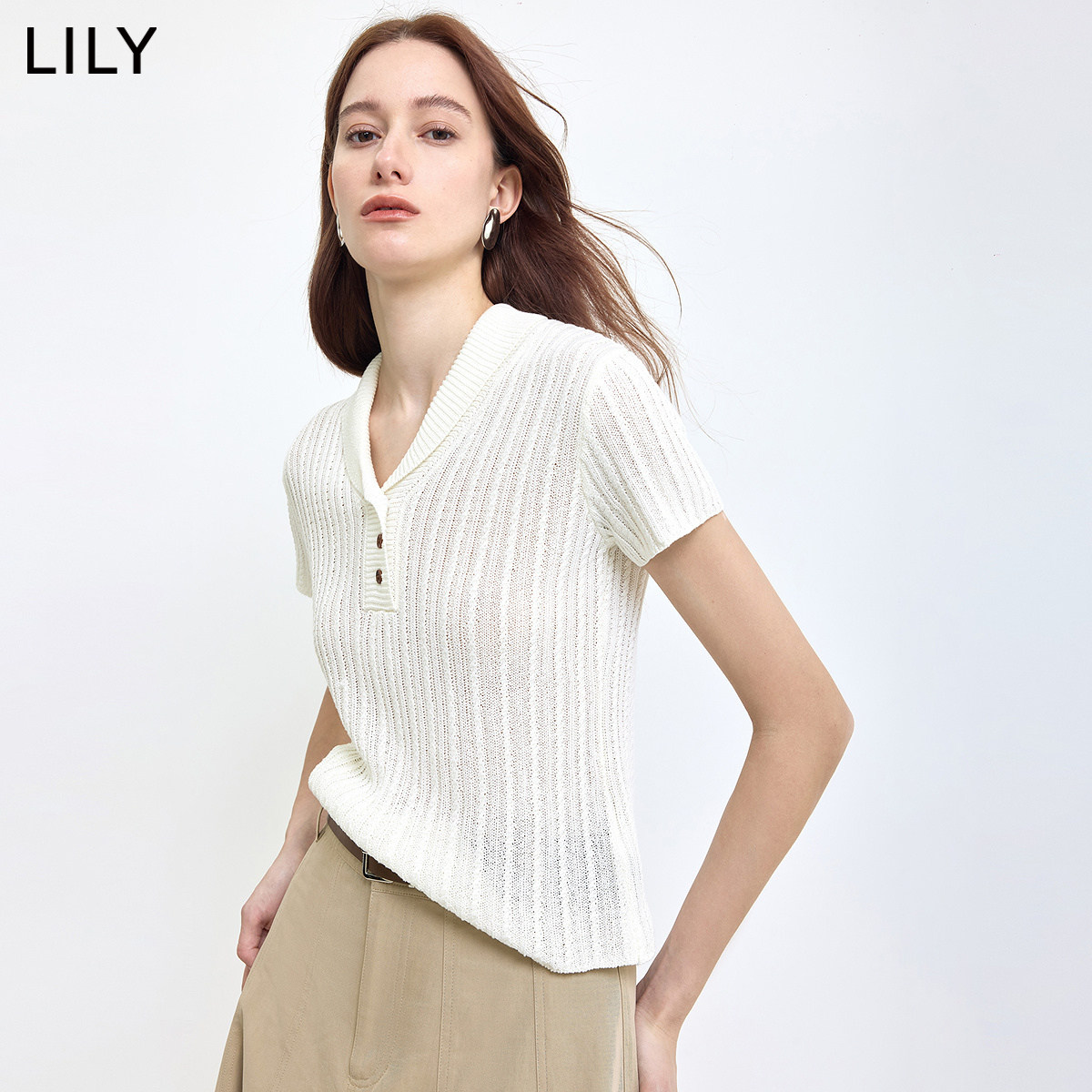 LILY2026夏新款女装莱赛尔亚麻混纺小翻领V领修身纯色短袖针织衫