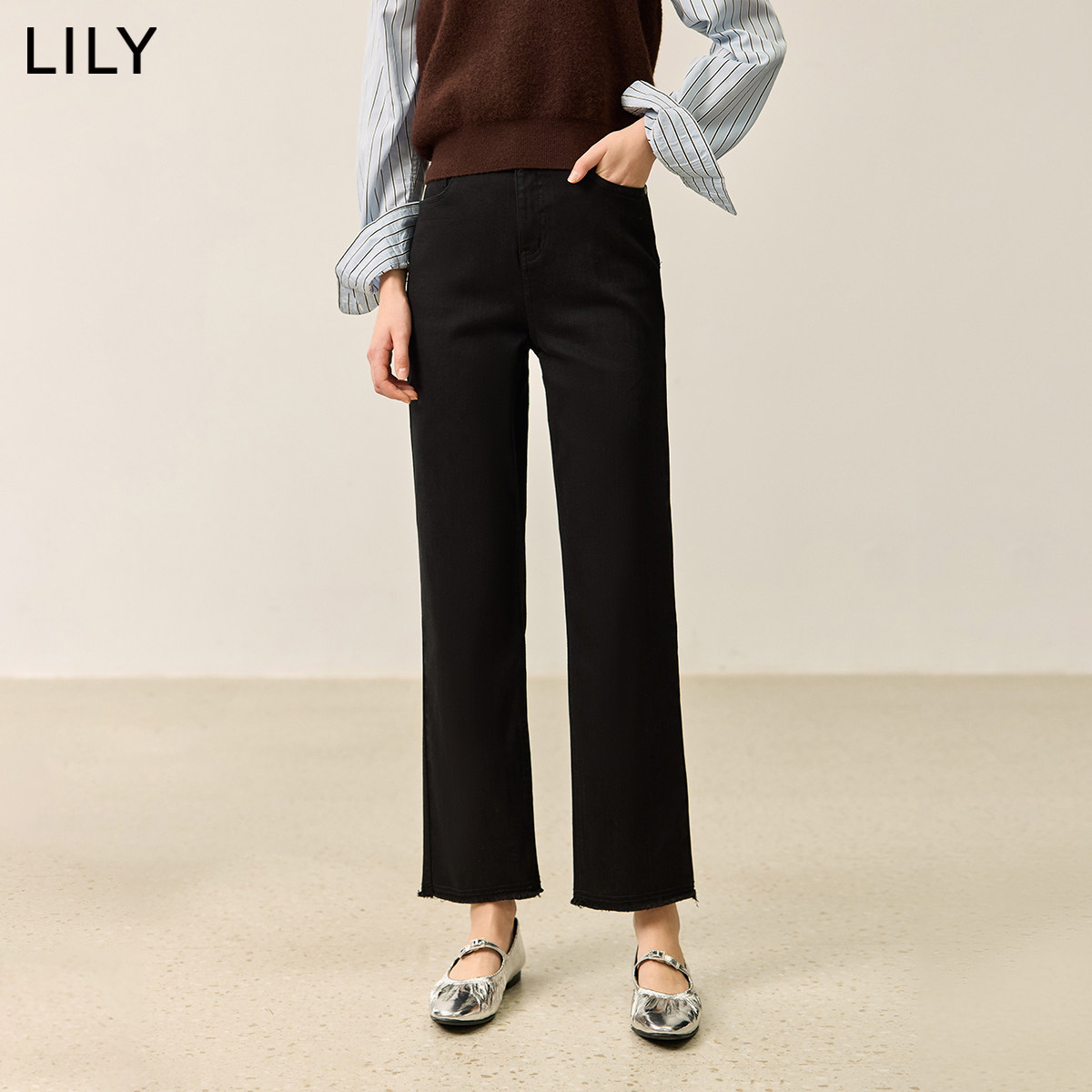 LILY2026冬新款女装复古百搭通勤九分裤小脚黑色牛仔裤加厚直筒裤