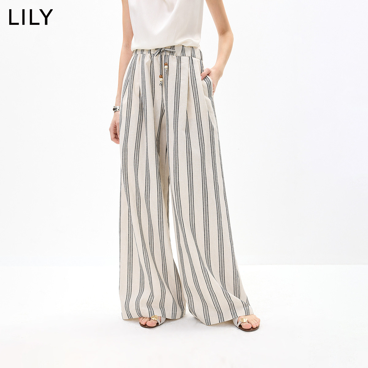 LILY2026秋新款简约松弛感竖条纹宽松百搭通勤阔腿裤休闲裤女长裤
