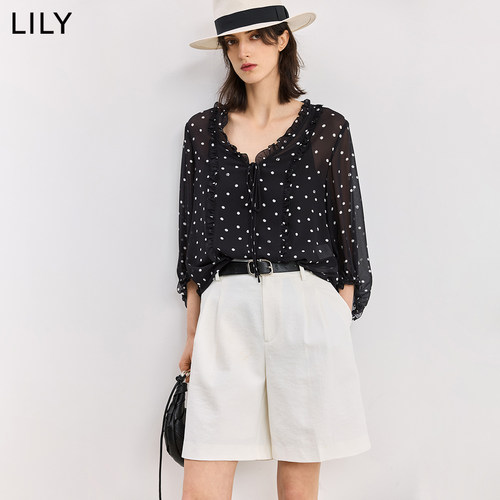 LILY法式波点通勤长袖雪纺衫女