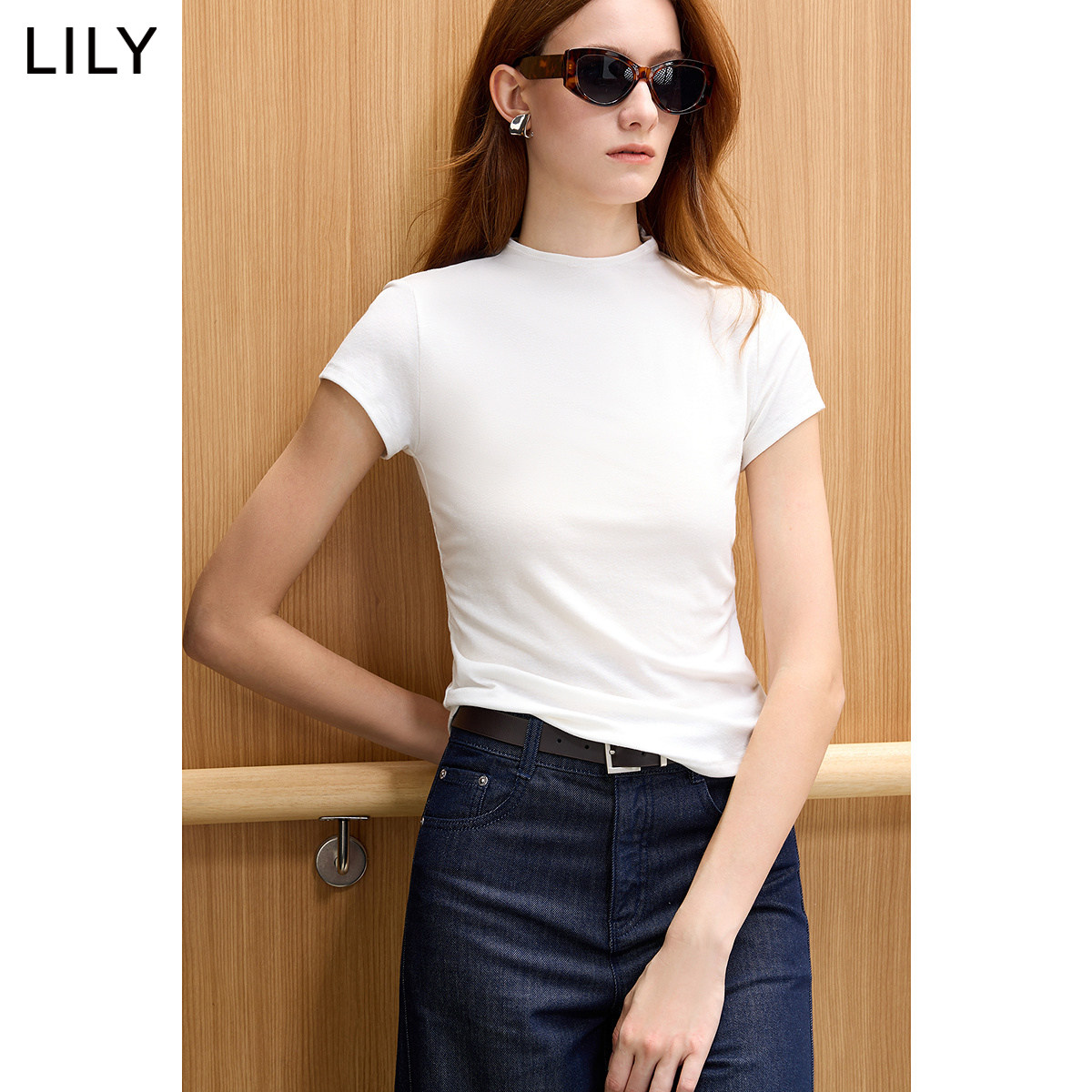 LILY2026秋新款女装莱赛尔亚麻混纺半高领小飞袖修身收腰纯色T恤