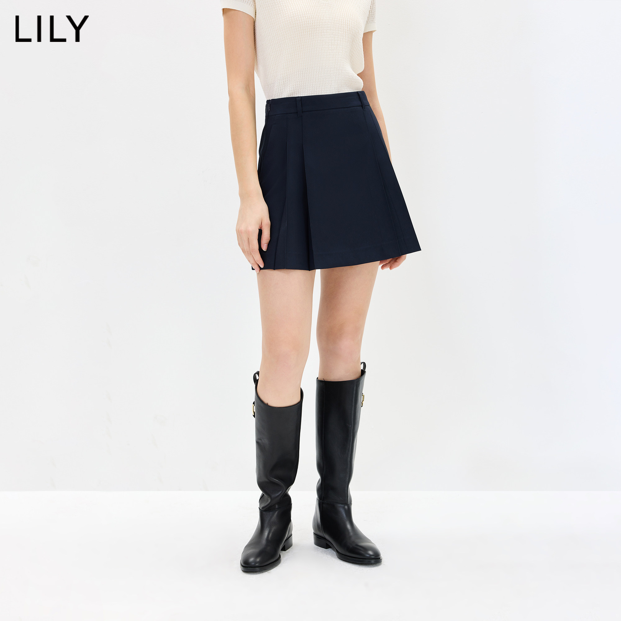 LILY2026秋新款女装学院风高腰休闲通勤百搭深色百褶裙A字半身裙