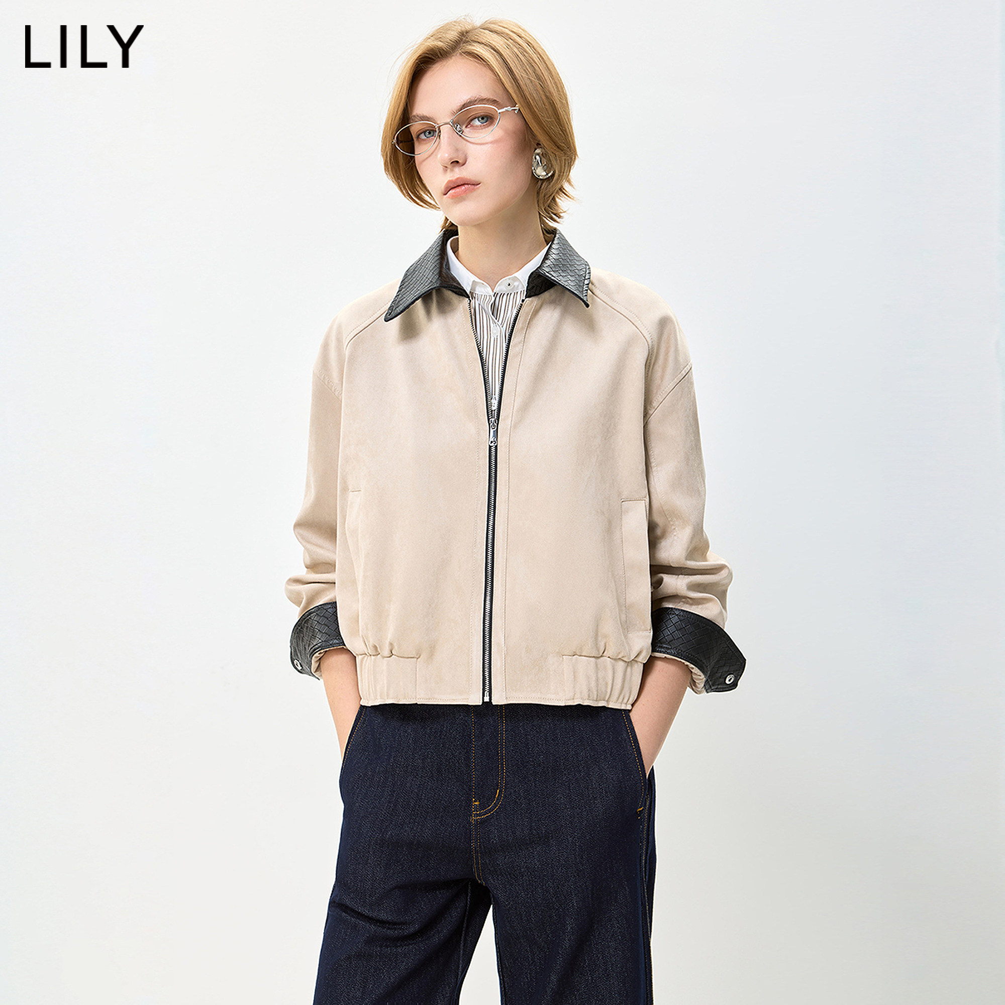 LILY2026秋新款复古撞色翻领拉链宽松休闲百搭通勤夹克外套女短款