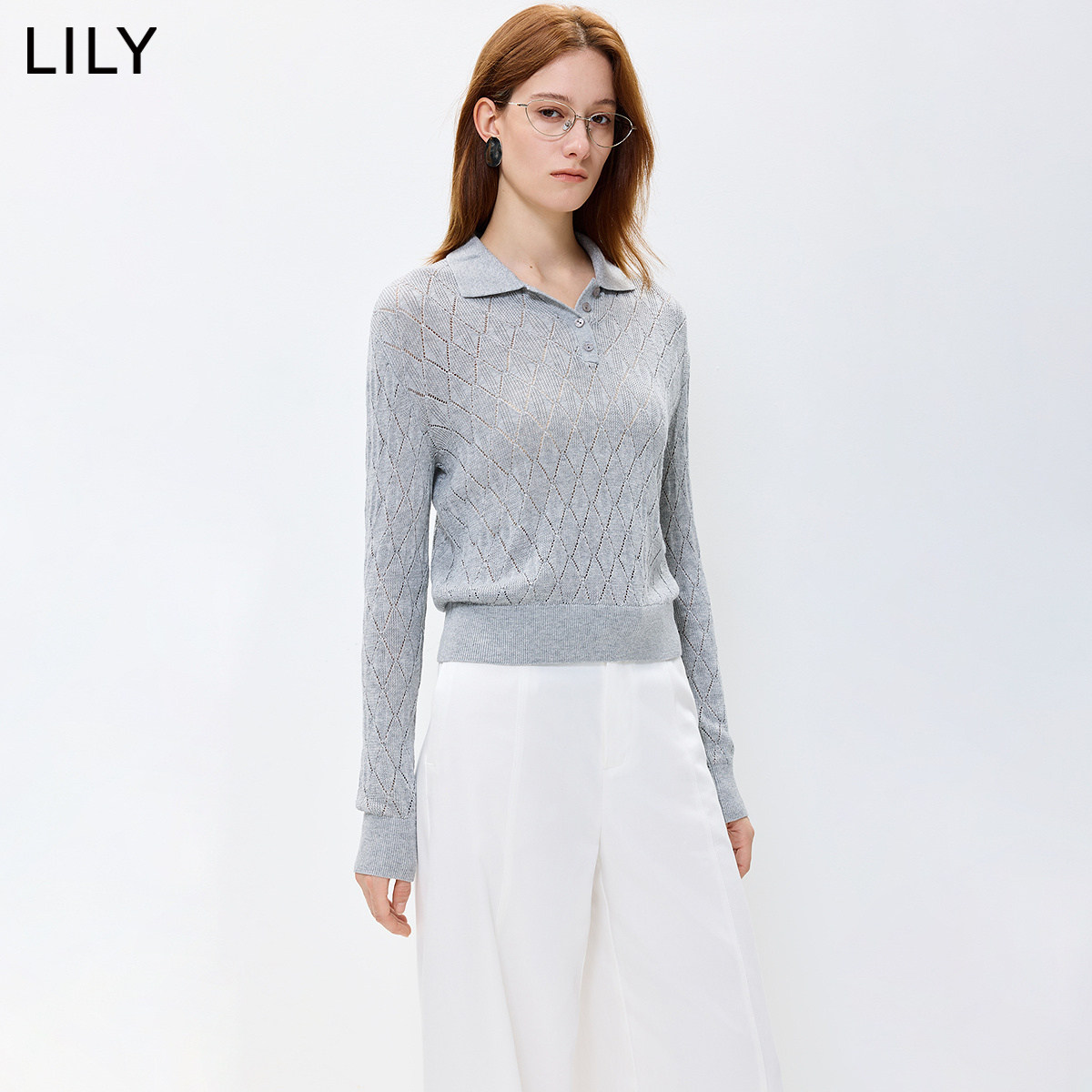 LILY2026秋新款女装学院风POLO领镂空菱格休闲通勤长袖套头针织衫