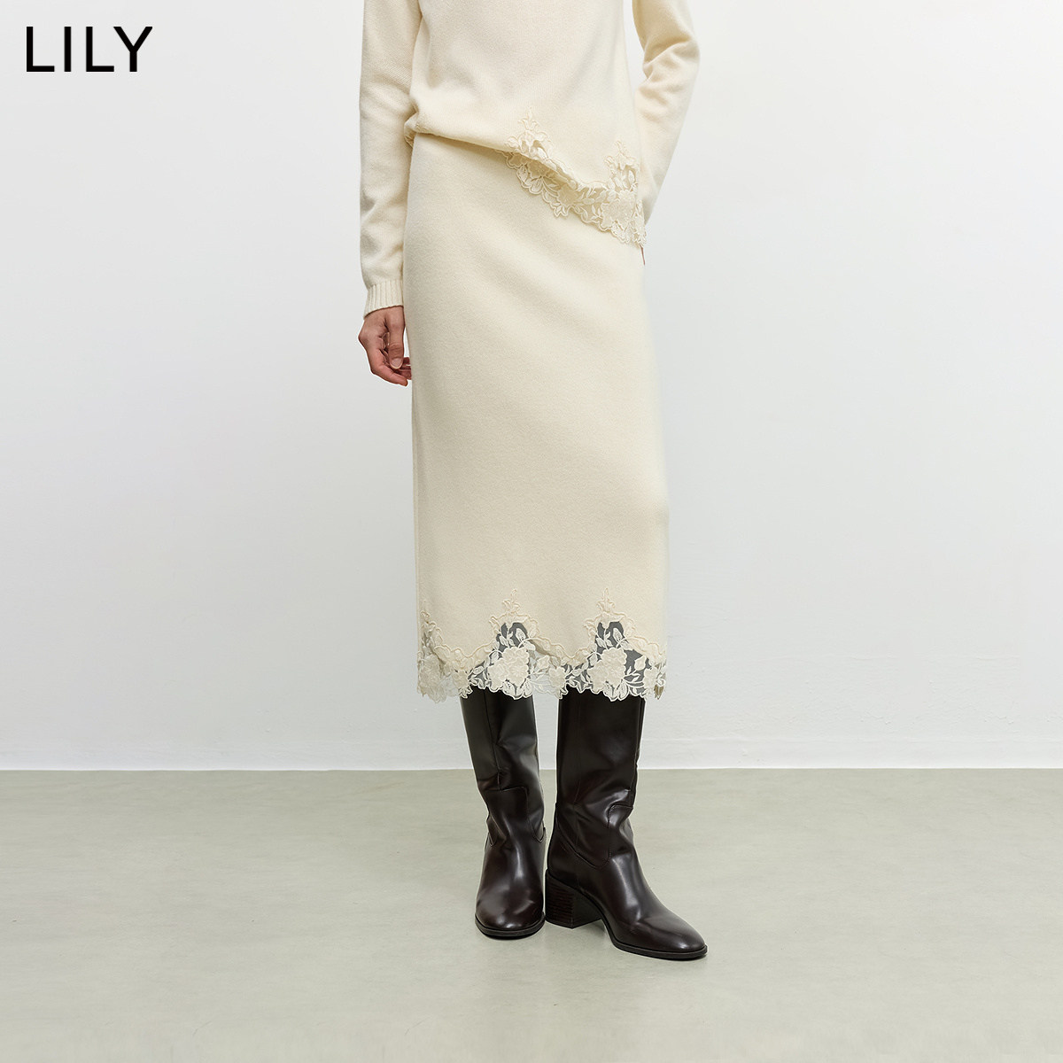 LILY冬新款羊毛混纺直筒半身裙