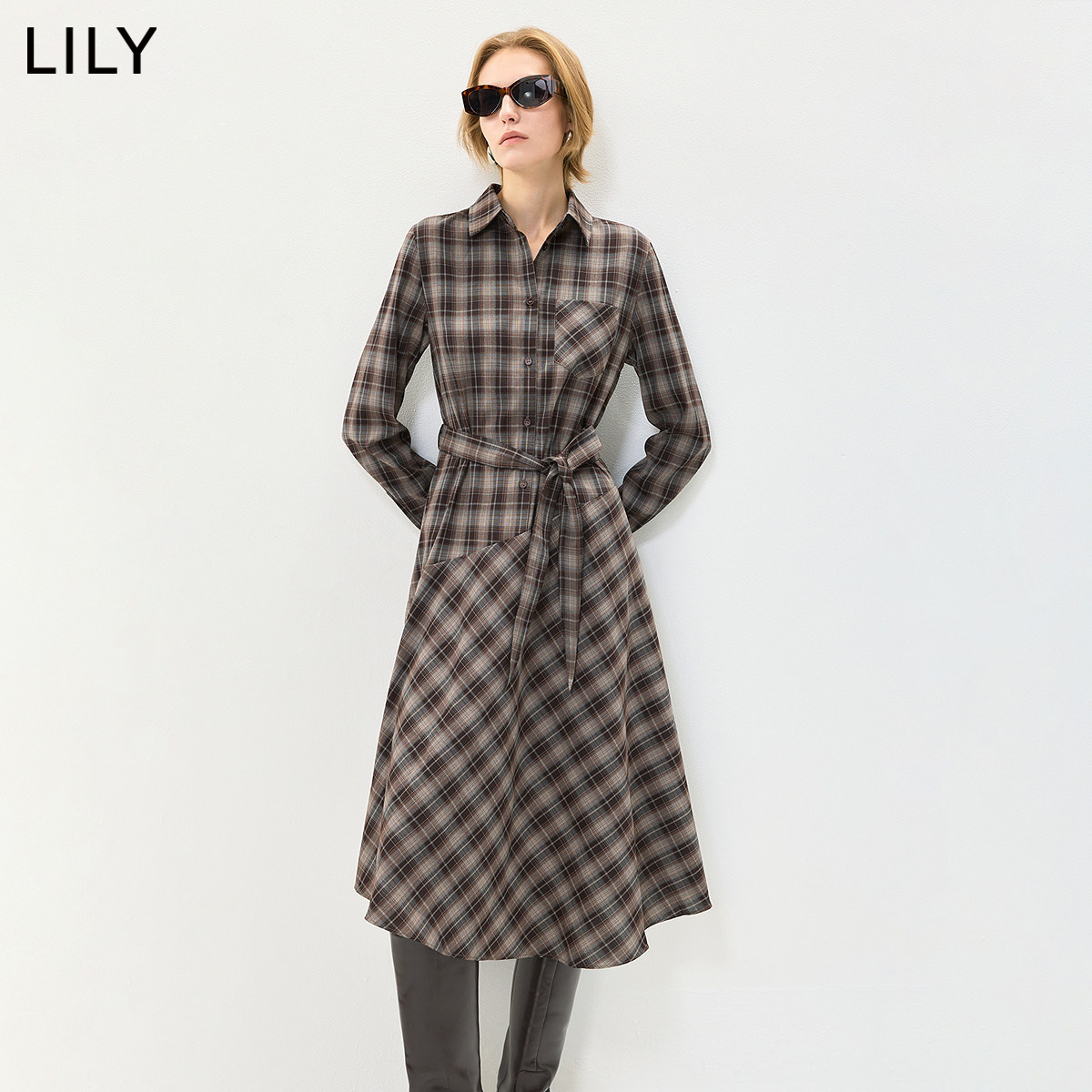 LILY秋新通勤衬衫领格纹连衣裙