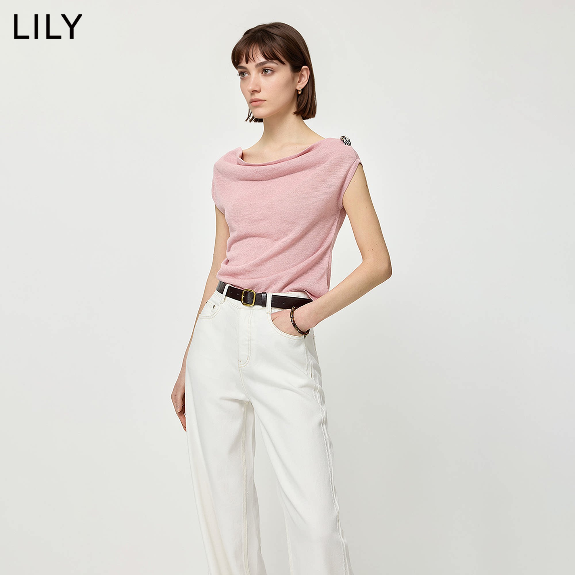 LILY2026夏新款法式气质通勤一字肩斜肩荡领休闲薄款套头针织衫女
