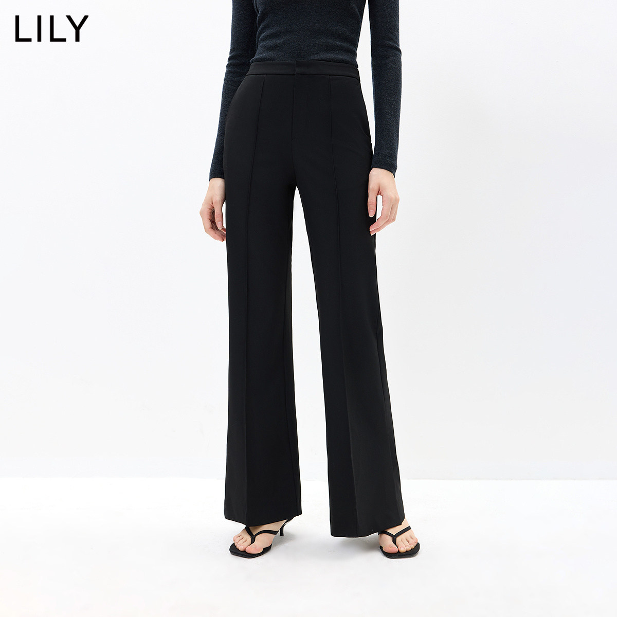 LILY2026秋新款女装复古简约修身窄版显瘦休闲通勤开叉黑色微喇裤