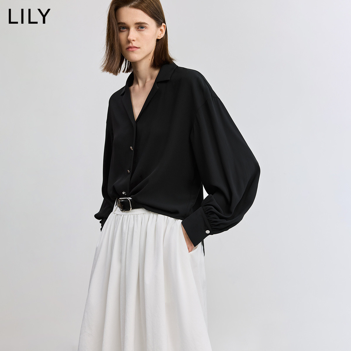 LILY2026夏新款女装经典古巴领通勤宽松休闲气质通勤黑色衬衫外套