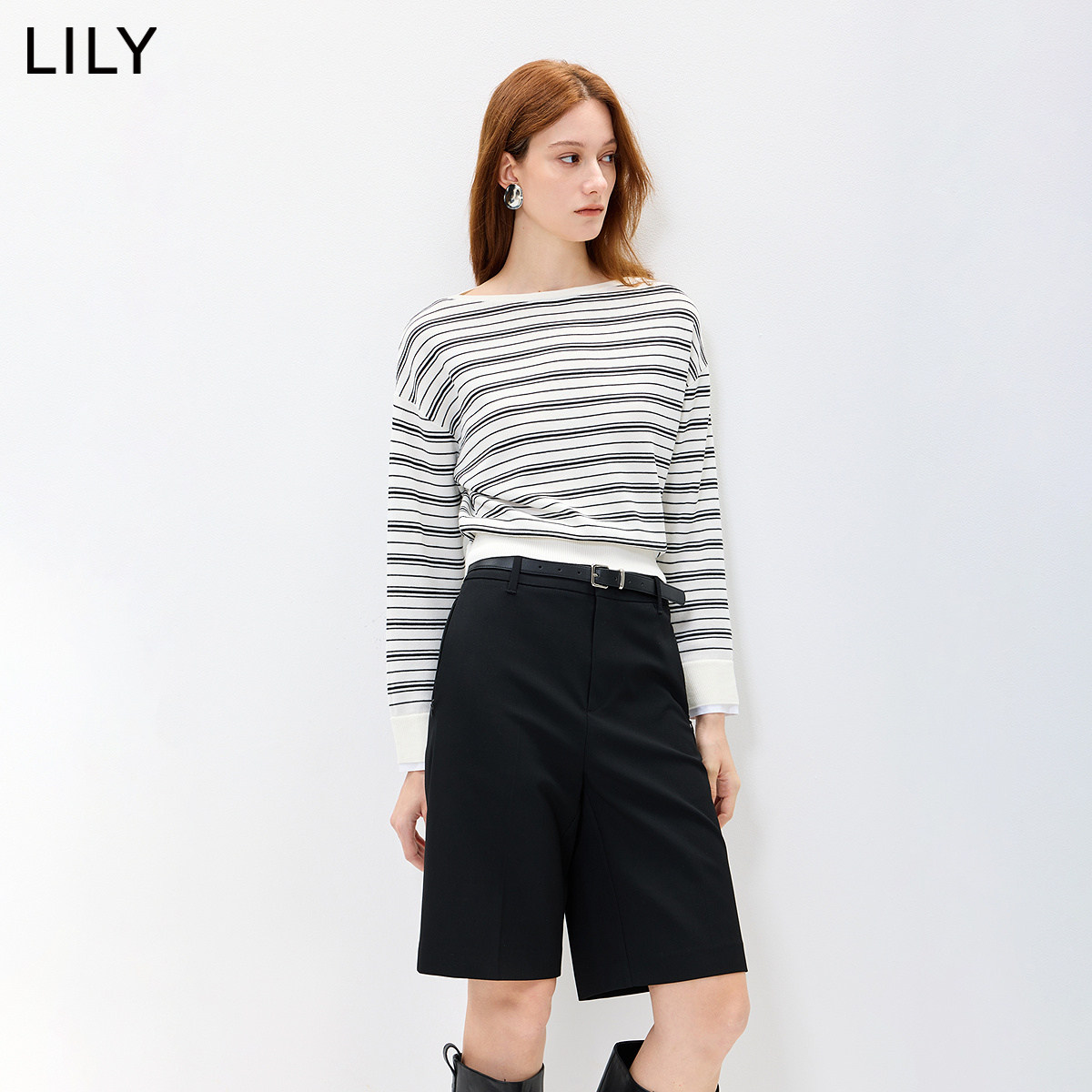 LILY2026秋新款莱赛尔混纺复古撞色条纹宽松通勤长袖套头针织衫女