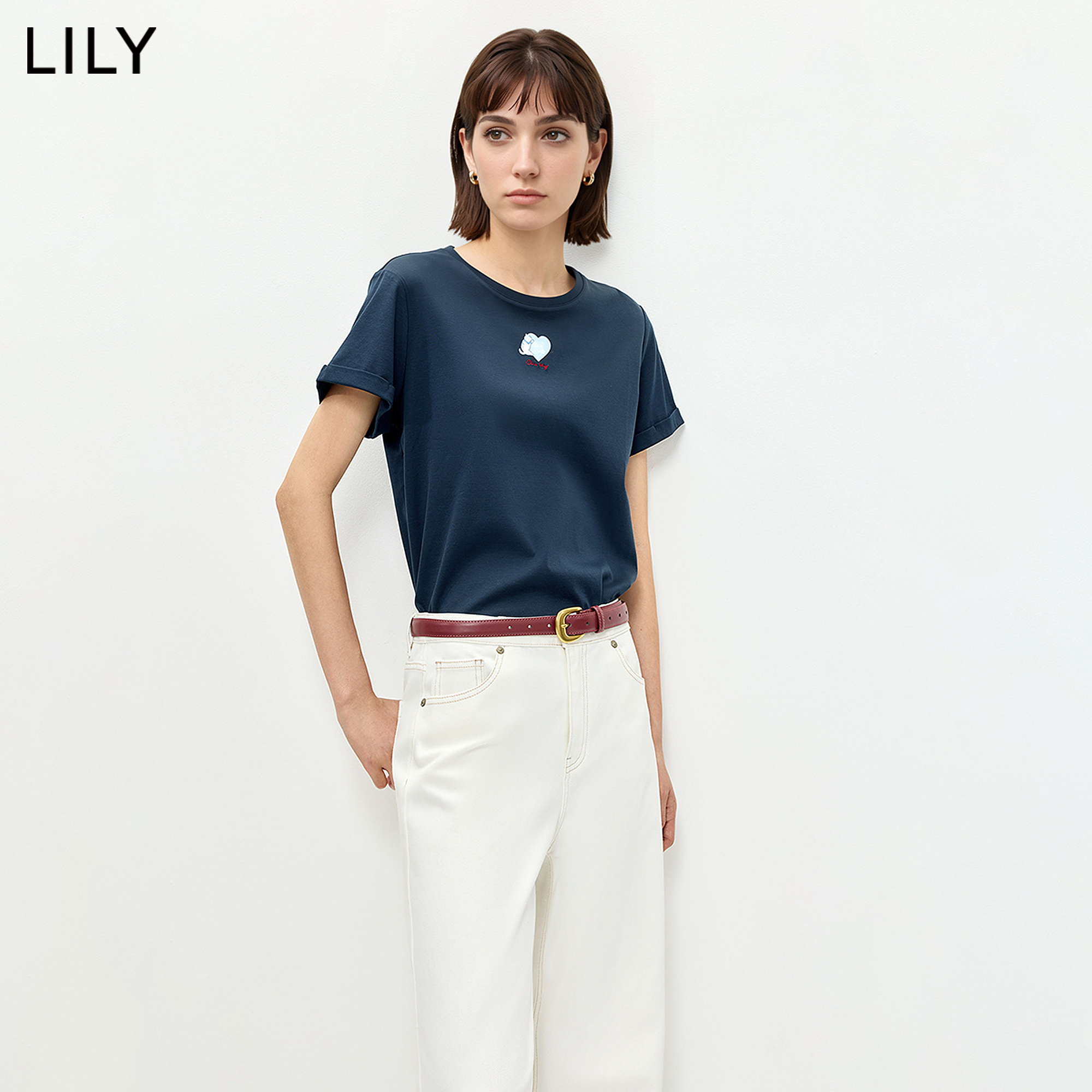 LILY2026夏新款莫代尔棉混纺萌宠小猫宽松休闲通勤纯色短袖T恤女