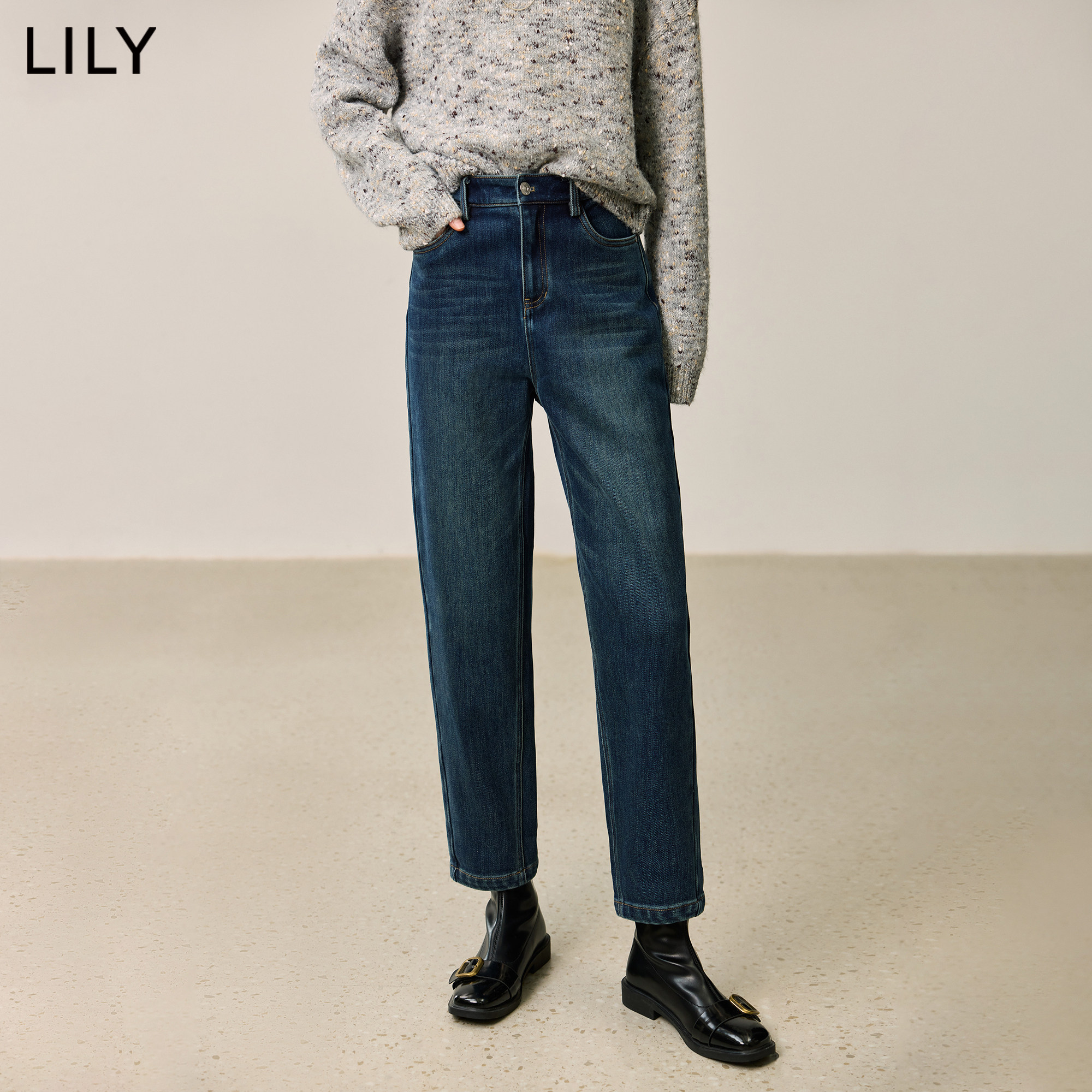 LILY2026冬新款女装复古窄版修身气质通勤九分裤小脚直筒裤牛仔裤
